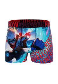 Un shorty présentant un design graphique coloré avec une illustration de personnage dynamique. La ceinture est rouge avec "FREEGUN" imprimé en noir.