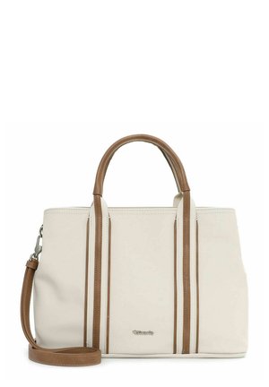 Sac à main couleur crème avec poignées marron et bandoulière amovible, présentant une bordure verticale marron et un petit logo de marque en métal à l'avant.