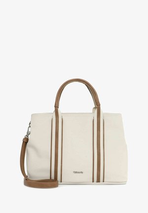 Handtasche in Creme mit braunen Griffen und abnehmbarem Schulterriemen, verziert mit vertikalem braunen Besatz und kleinem Metall-Logo der Marke auf der Vorderseite.