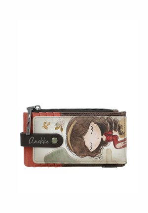 Cartera compacta con cremallera, con la imagen de una niña de dibujos animados con los ojos cerrados, cabello castaño y ropa roja, además de una correa de cuero con el texto "Anekke".