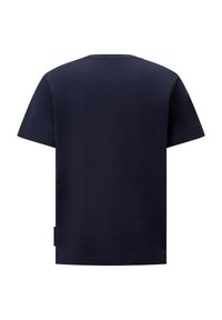Mørkeblå bomulds t-shirt med rund halsudskæring og korte ærmer. Har en lige pasform og et sideskilt som detalje. Glat tekstur.