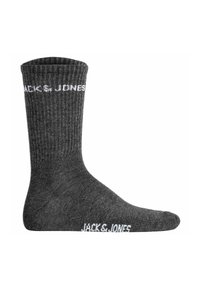 Dunkelgraue Crew-Socke mit gerippter Textur; verfügt über das weiße Logo "JACK & JONES" nahe dem Knöchel; weicher, elastischer Stoff für Komfort.