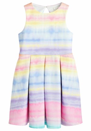 Robe sans manches avec un motif tie-dye pastel en rose, jaune, violet et bleu. Corsage ajusté et jupe plissée. Fermeture à l'arrière.
