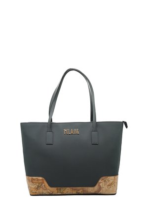 Borsa tote grigia scura in finta pelle liscia, con un fondo a motivo mappa e il logo dorato "T'Classe" sul davanti. Chiusura con zip e doppi manici.