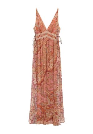 Abito lungo senza maniche con scollo a V profondo, motivo paisley rosa e arancione, rifiniture in pizzo sotto il busto e dettagli con lacci ai lati.