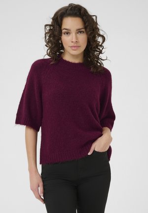Burgundy pullover sweater with short sleeves, ribbed neckline and hem, made of soft knit material, has a relaxed fit.