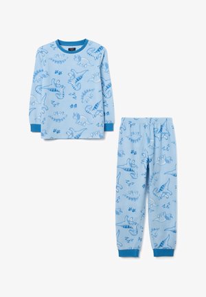 Blue fleece pajamas featuring long sleeves and elastic waistband, decorated with various dinosaur patterns in darker blue tones.