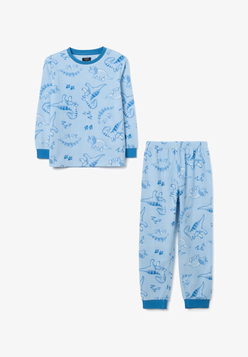 Pijamas de felpa azules con mangas largas y cintura elástica, decorados con varios patrones de dinosaurios en tonos de azul más oscuro.