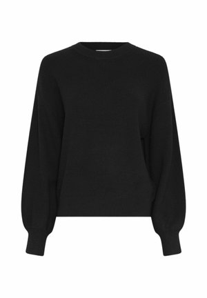 Maglione nero a maniche lunghe in maglia con trama a coste, scollo tondo e maniche leggermente gonfie che si restringono in polsini aderenti.