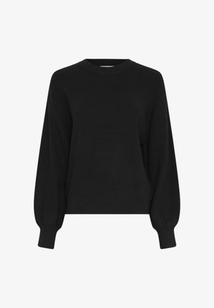 Maglione nero a maniche lunghe in maglia con trama a coste, scollo tondo e maniche leggermente gonfie che si restringono in polsini aderenti.