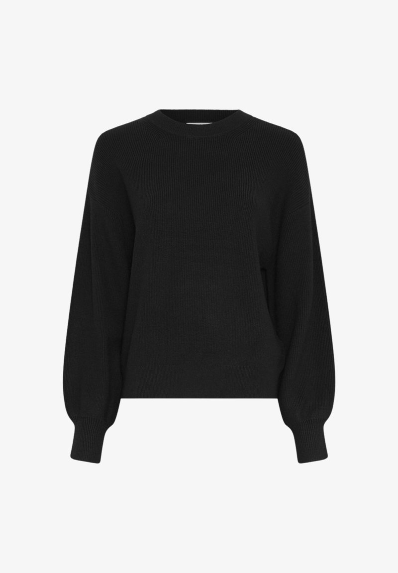 Pull noir à manches longues en maille avec texture côtelée, encolure ronde et manches légèrement bouffantes se resserrant aux poignets ajustés.