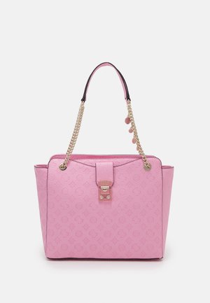 Pink faux leather tote bag with embossed logo pattern, gold chain handles, and a front clasp. Features a smooth texture and structured shape.