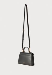 Black leather handbag with a structured design, top handle, and adjustable shoulder strap. Features gold-tone hardware and a smooth texture.