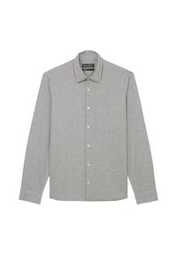 Graues Hemd mit langen Ärmeln, spitzem Kragen und einer Brusttasche. Aus strukturiertem Stoff mit dezenten Musterdetails gefertigt.