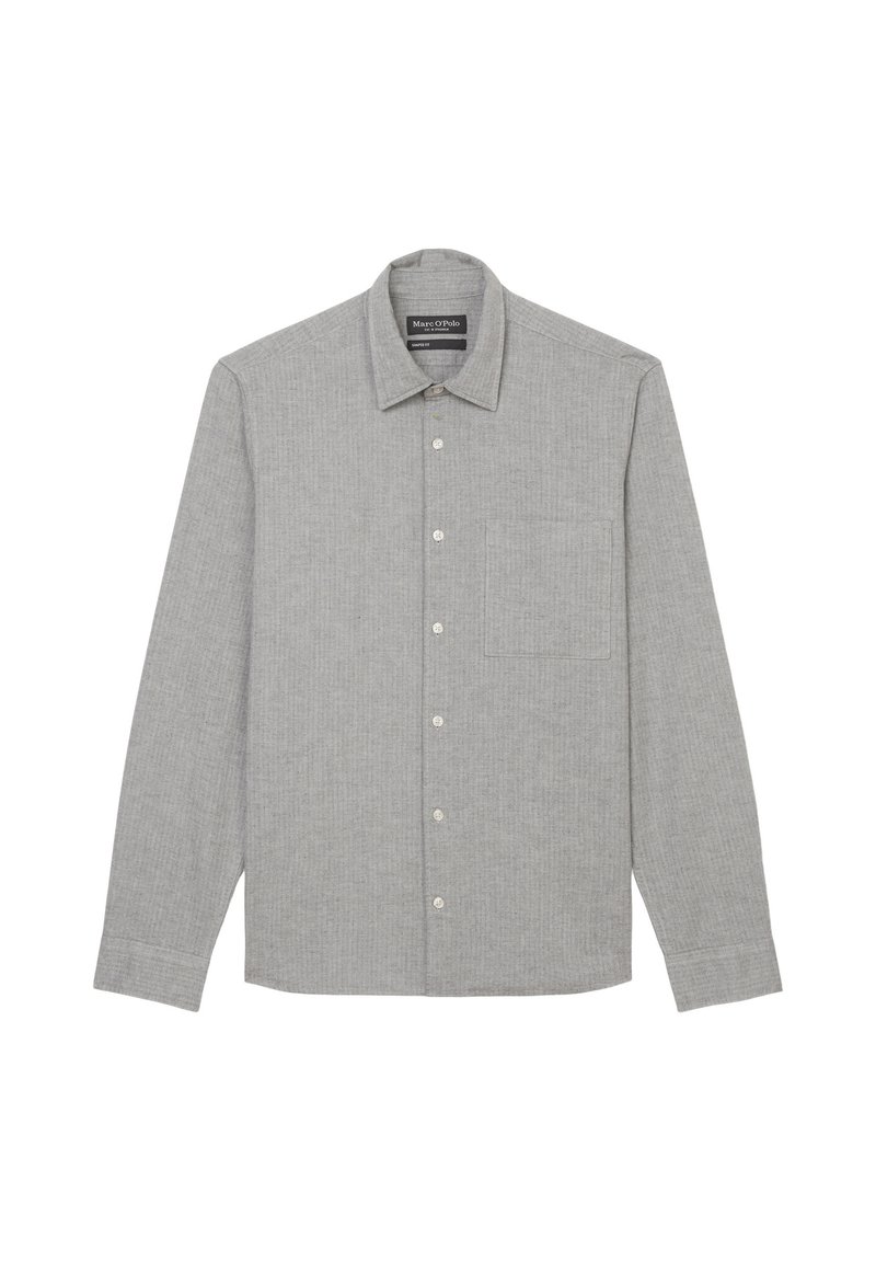Graues Hemd mit langen Ärmeln, spitzem Kragen und einer Brusttasche. Aus strukturiertem Stoff mit dezenten Musterdetails gefertigt.
