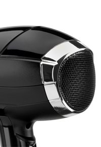 Black and chrome hairdryer nozzle with honeycomb mesh air intake, angled to show textured plastic body and reflective metal trim.