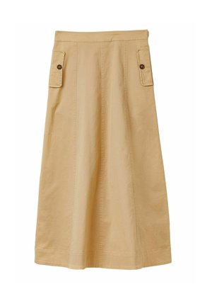 Beige knielanger Rock aus Baumwolle mit gerader Silhouette, ausgestattet mit zwei seitlichen Taschen und braunen Knopfakzenten.