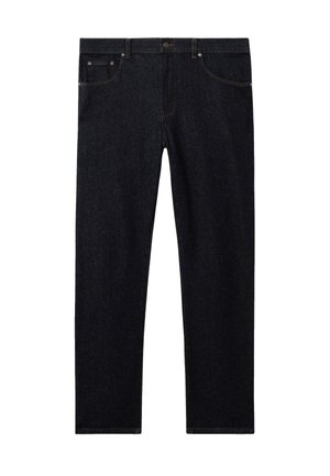 Schwarze Jeans mit geradem Bein, Fünf-Taschen-Design, vorderer Knopfverschluss und sichtbaren Nahtdetails.