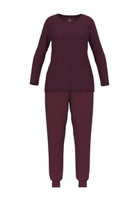 Maroon loungewear set featuring a long-sleeve top with a subtle print and pants with elastic cuffs. Soft fabric with a relaxed fit.