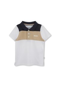 Korte mouwen polo-shirt in wit, beige en marineblauw. Voorzien van een kraag, drie knopen en een klein logo aan de voorkant. Gemaakt van een gladde stof.