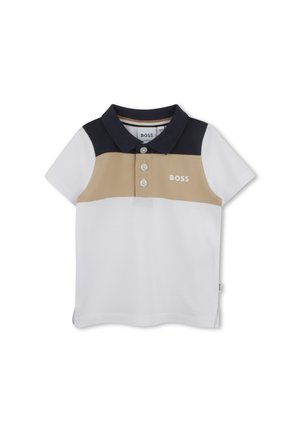 Polo à manches courtes en blanc, beige et marine. Doté d'un col, de trois boutons et d'un petit logo sur le devant. Fabriqué en tissu lisse.