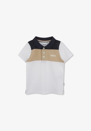 Polo a maniche corte in bianco, beige e blu navy. Caratterizzato da un colletto, tre bottoni e un piccolo logo sul davanti. Realizzato in tessuto liscio.