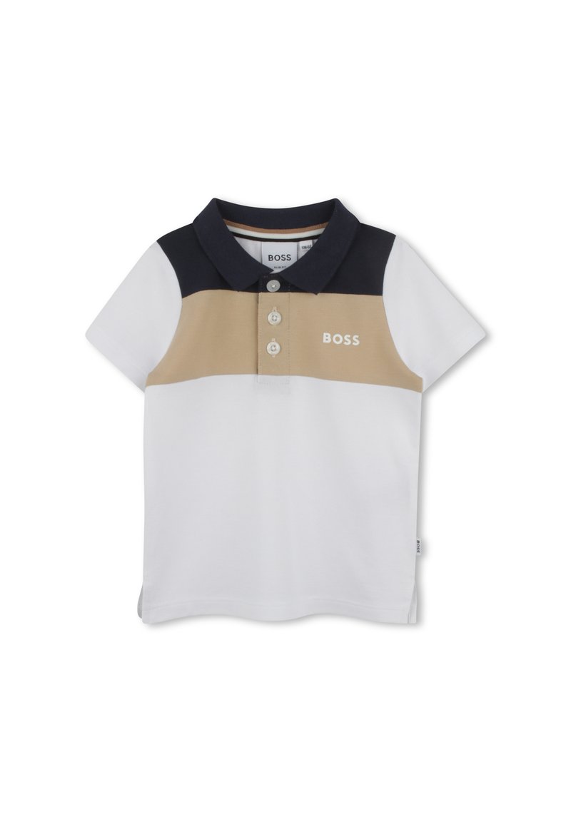 Korte mouwen polo-shirt in wit, beige en marineblauw. Voorzien van een kraag, drie knopen en een klein logo aan de voorkant. Gemaakt van een gladde stof.