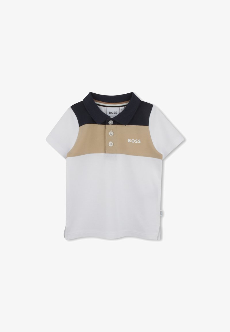 Korte mouwen polo-shirt in wit, beige en marineblauw. Voorzien van een kraag, drie knopen en een klein logo aan de voorkant. Gemaakt van een gladde stof.