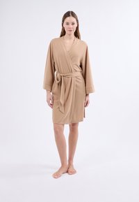 Robe di un marrone chiaro, lunga fino al ginocchio, realizzata in materiale morbido con un design avvolgente, maniche lunghe e una cintura legata in vita. Texture liscia senza motivi.