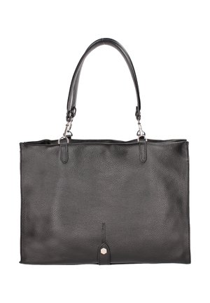 Schwarze Leder-Shopper-Tasche mit Struktur, zwei Schulterriemen und einem kleinen sechseckigen Metallelement nahe der unteren Mitte.