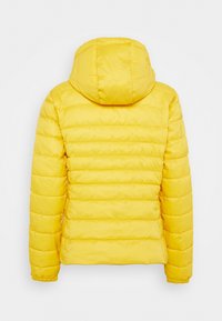 Gul pufferjakke med en quilted design, der har hætte og elastiske manchetter. Stoffet er glat med en let blank finish.