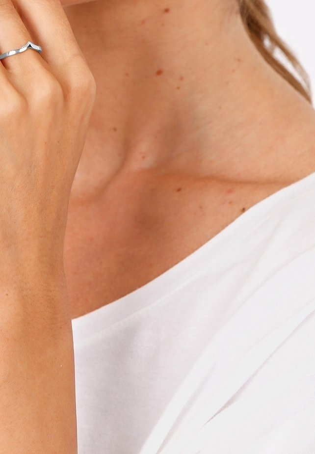 Gros plan sur le cou et l’épaule d’une personne portant un haut blanc et une bague en argent sur son doigt près du menton.
