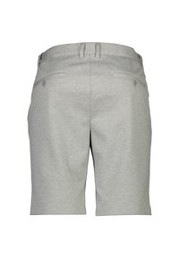 Pantaloni corti in cotone grigio con vita piatta, due tasche laterali e due tasche posteriori con bottone. Tessuto liscio con una vestibilità su misura.