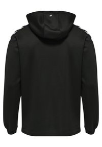 Felpa nera in tessuto morbido con cappuccio regolabile, strisce bianche sui lati e polsini a costine. Presenta un logo centrale vicino al collo.