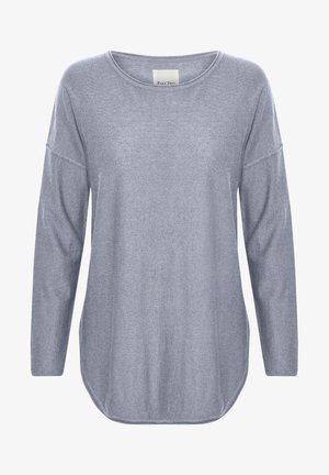 Pull long gris clair à manches longues avec un col rond, coupe décontractée, coutures latérales et une texture douce. L'étiquette indique "Part Two."