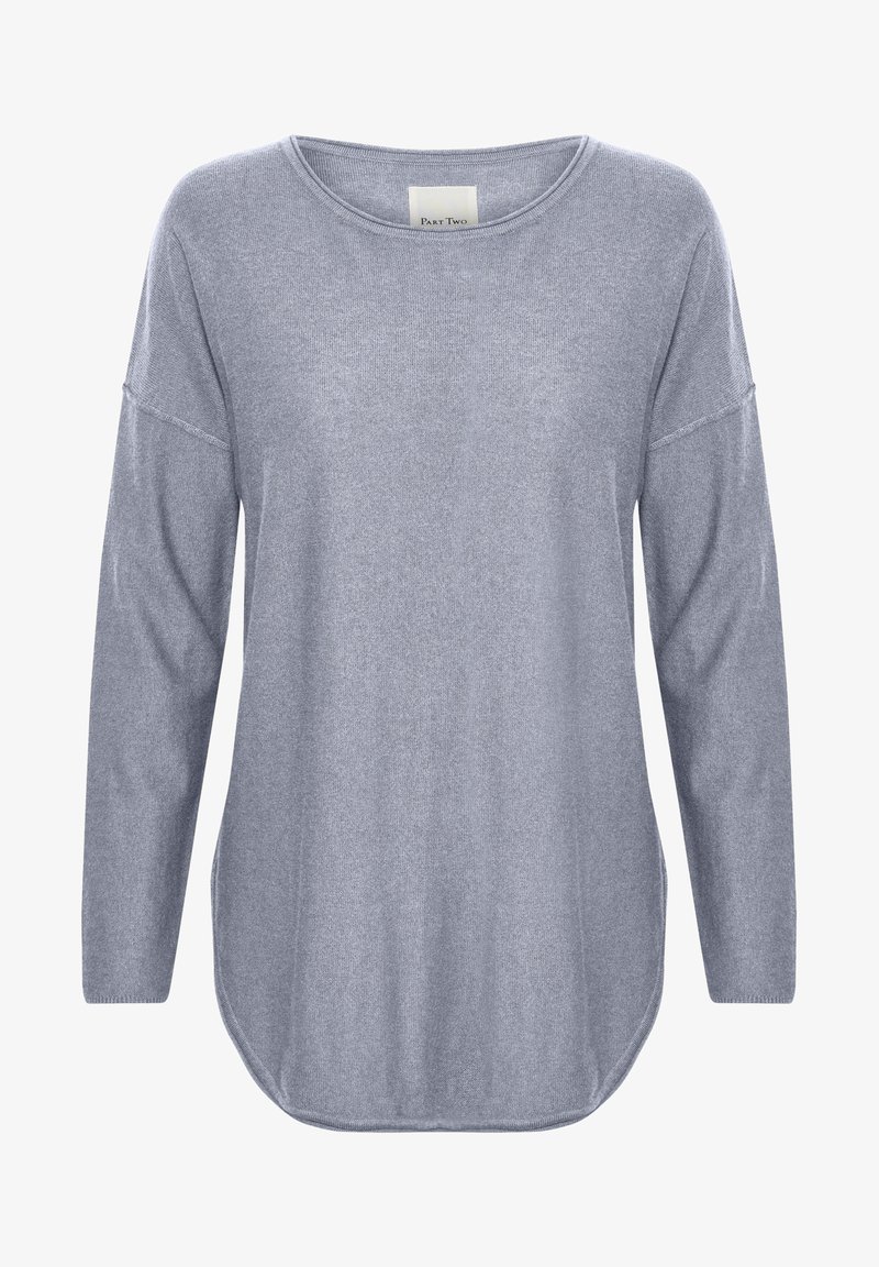 Maglione grigio chiaro a maniche lunghe con scollatura rotonda, vestibilità comoda, cuciture laterali e una consistenza morbida. L'etichetta riporta "Part Two."