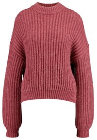 Pull en tricot côtelé, cropped, de couleur rose poudré, avec des manches larges et un col rond. Fabriqué à partir d'un matériau en tricot texturé.
