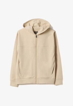 Beige zip-up hoodie with a soft texture, side pockets, and a hood. Features a straight cut and minimalistic design without additional accents.