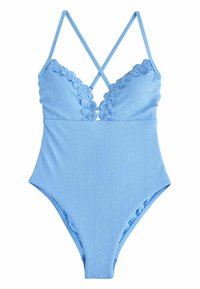 Costum de baie întreg albastru deschis cu țesătură texturată, margine ondulată pe bust și bretele încrucișate pe umeri.