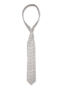 Cravatta in seta grigio chiaro con un sottile motivo geometrico su tutta la superficie. Texture liscia con un'estremità appuntita. Ideale per occasioni formali.