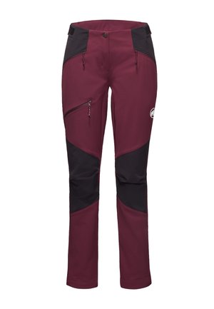 Pantaloni softshell bordeaux e neri con tasche con zip, ginocchia rinforzate e design a gamba affusolata, realizzati in materiale resistente e flessibile.