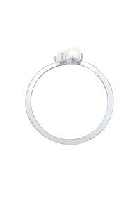 Bague en argent avec deux perles blanches, design de bande circulaire, finition métallique polie, minimaliste, avec réglages en griffes pour les perles.