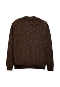 Brauner gestrickter Pullover mit einem strukturierten Rautenmuster, gerippten Bündchen und Saum. Das Design ist nahtlos und im Rundhalsausschnitt.