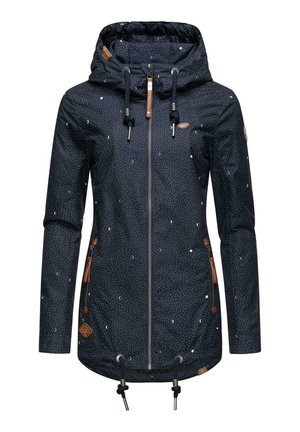 Navy blue waterproof jacket with white dot pattern, drawstring hood, and leather accents. Features a zip front and side pockets.