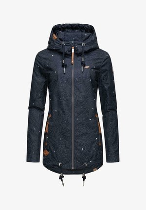 Navy blue waterproof jacket with white dot pattern, drawstring hood, and leather accents. Features a zip front and side pockets.