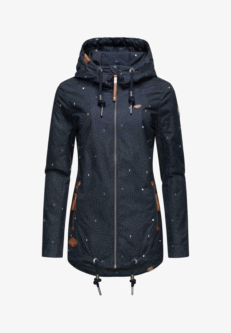 Marineblaue wasserdichte Jacke mit weißem Punktmuster, Kordelzugkapuze und Lederakzenten. Verfügt über einen Reißverschluss vorne und Seitentaschen.