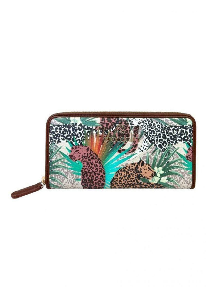 Portafoglio con zip caratterizzato da una vivace stampa animale con leopardi e vegetazione. Realizzato in materiale sintetico, con dettagli marroni e un manico per il polso.