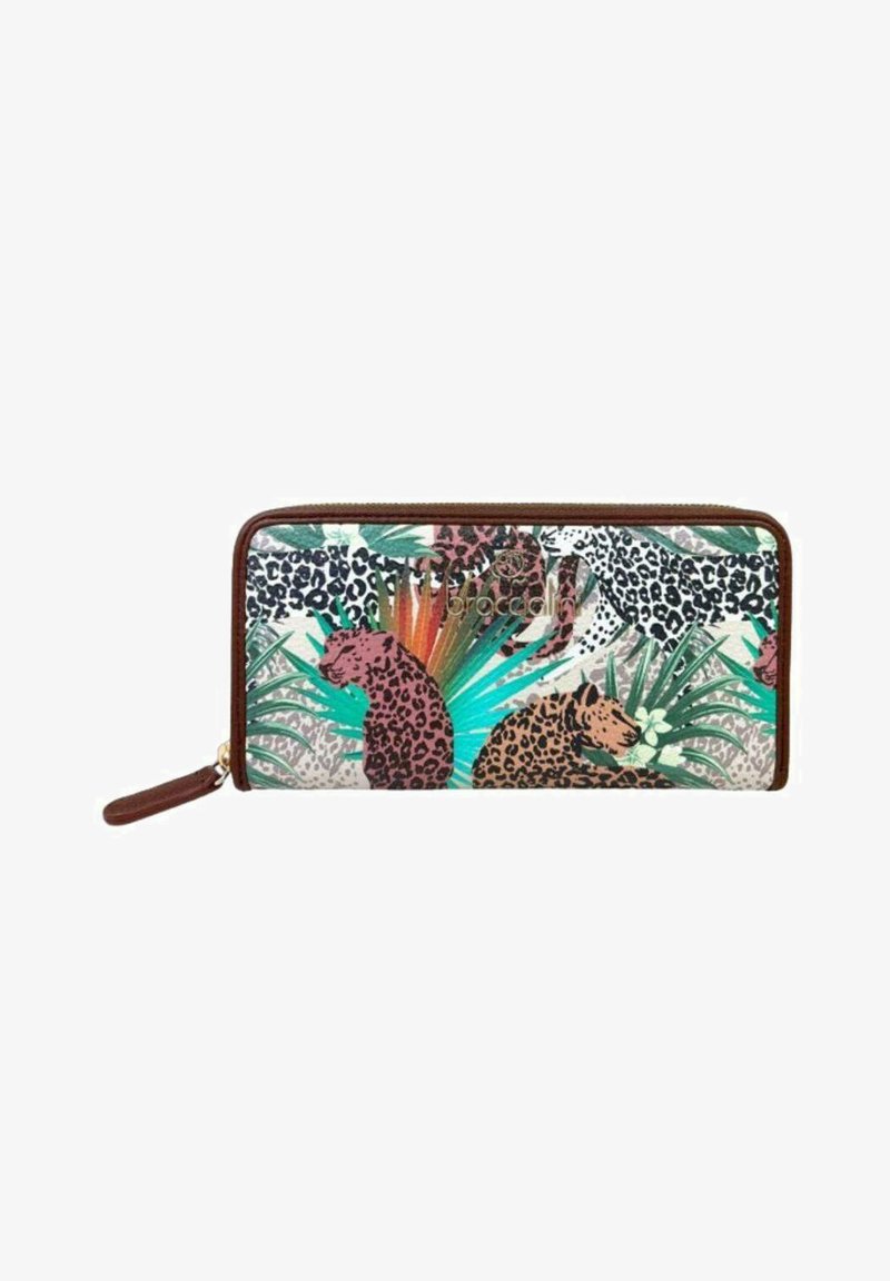 Portafoglio con zip caratterizzato da una vivace stampa animale con leopardi e vegetazione. Realizzato in materiale sintetico, con dettagli marroni e un manico per il polso.