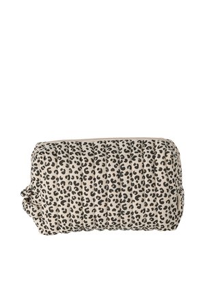 Beige quilted pouch with black leopard spots, rectangular shape, and a small side loop, designed for carrying small items.