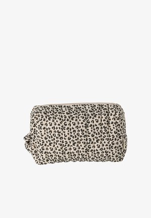 Beige quilted pouch with black leopard spots, rectangular shape, and a small side loop, designed for carrying small items.